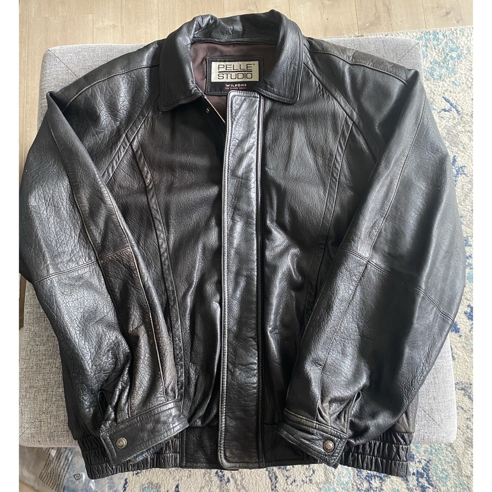 Vintage 90s Pelle Studio Wilsons Black Leather Bomber Jacket Men's XL
